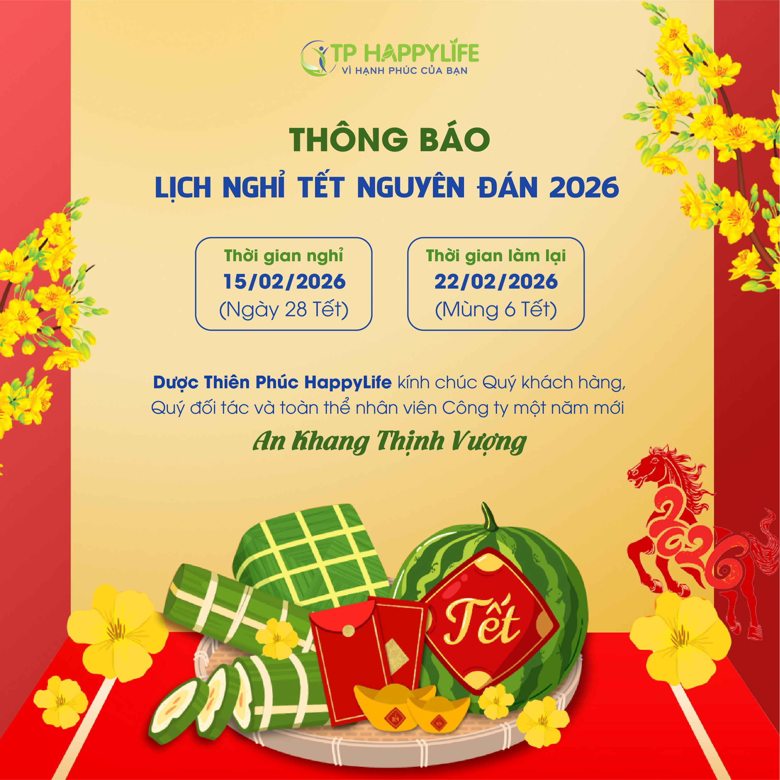 THÔNG BÁO NGHỈ TẾT NGUYÊN ĐÁN BÍNH NGỌ 2026 