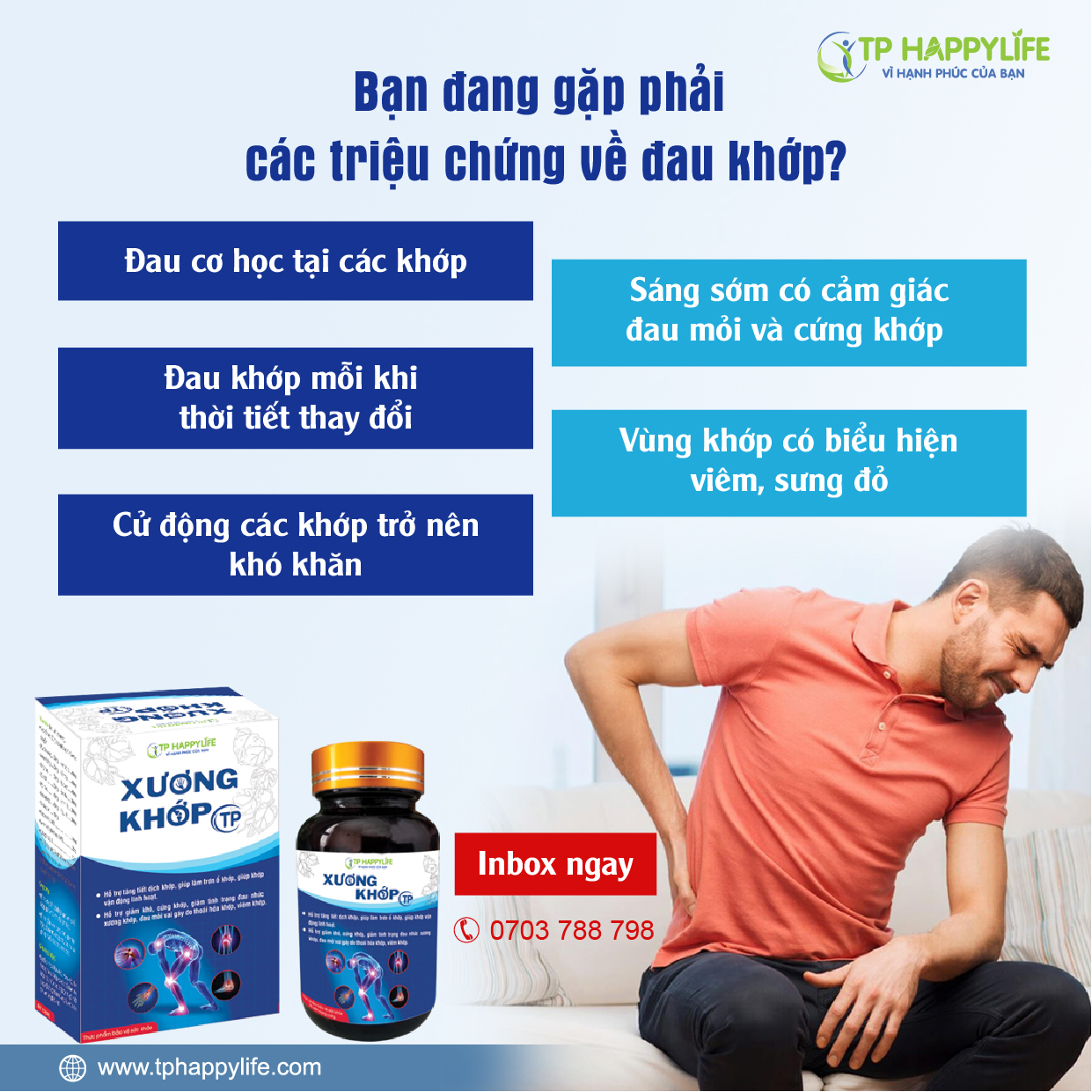 Xương Khớp TP – Hỗ trợ điều trị những chứng bệnh đau xương khớp do bệnh lý hoặc do tuổi tác.